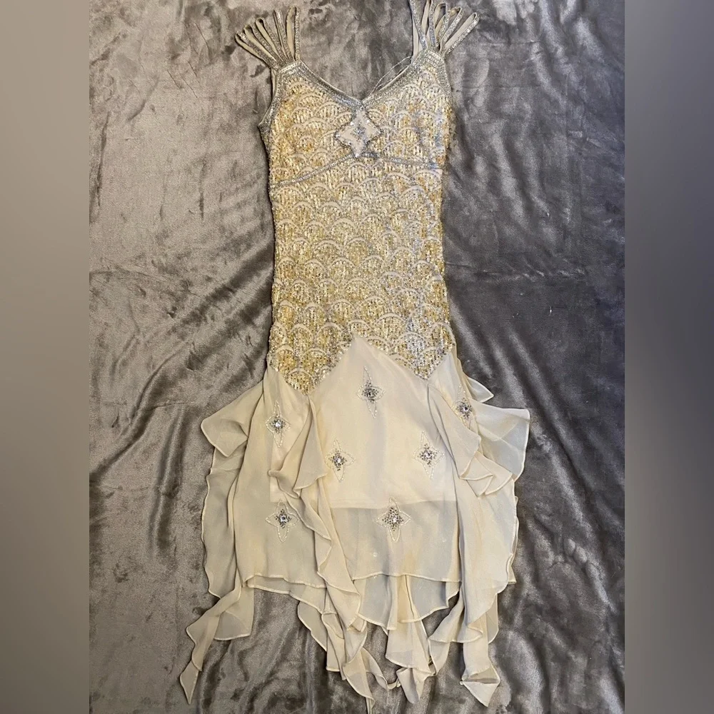 Vintage 90s Y2K 100% Silk Beaded Dress Flapper Mermaid Silk Dress Prom Flapper - Picture 6 of 10